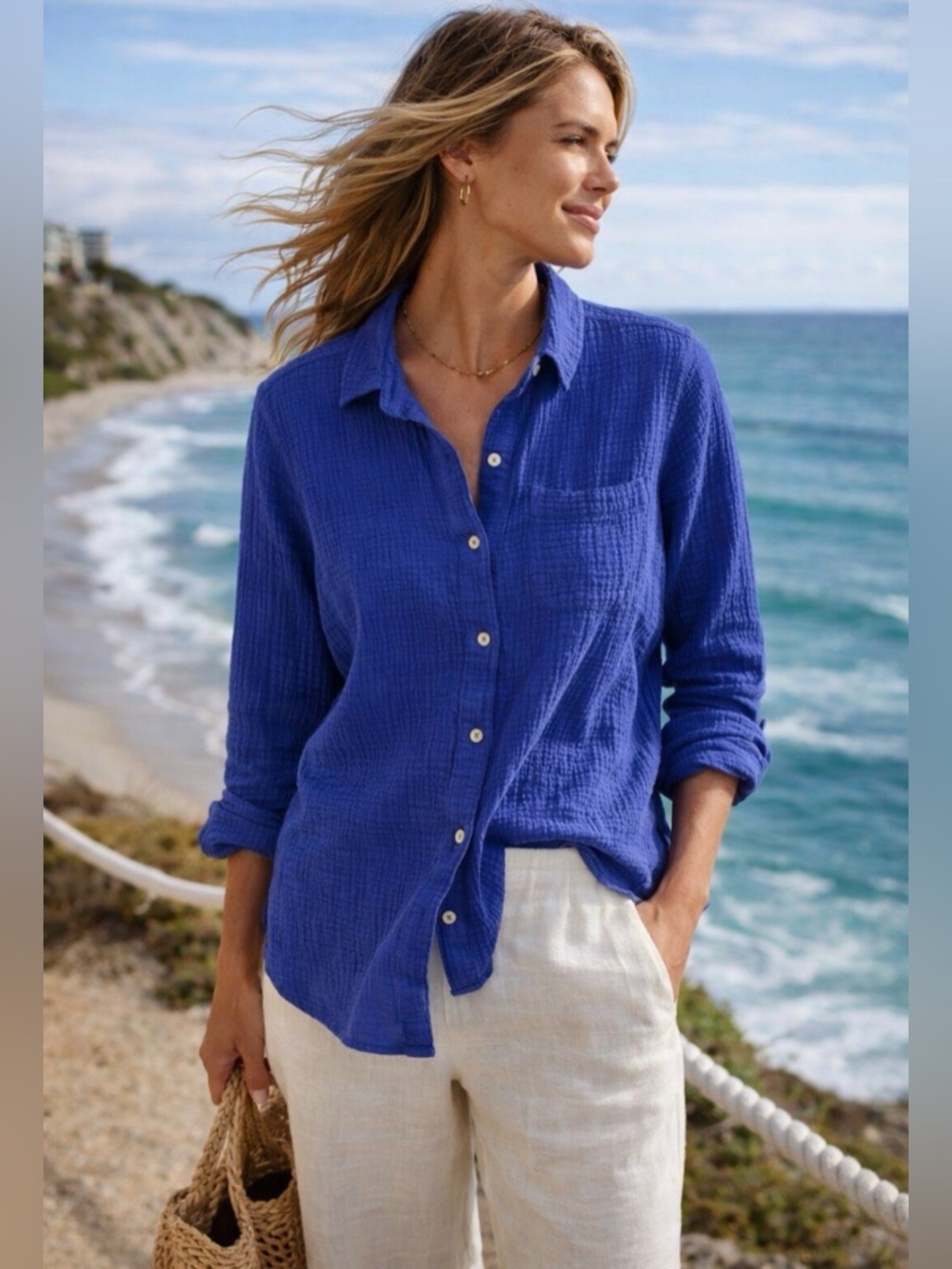 Anne Klein Jeans Blue Gauze Button Down Shirt XS Coastal Chic Cotton Blouse